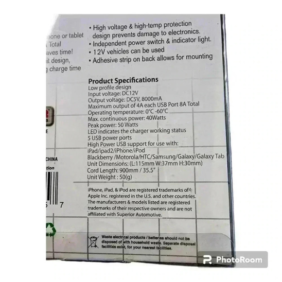 5 port USB charger 12v auto super fast charging 3 foot cord device accessory - Picture 4 of 4